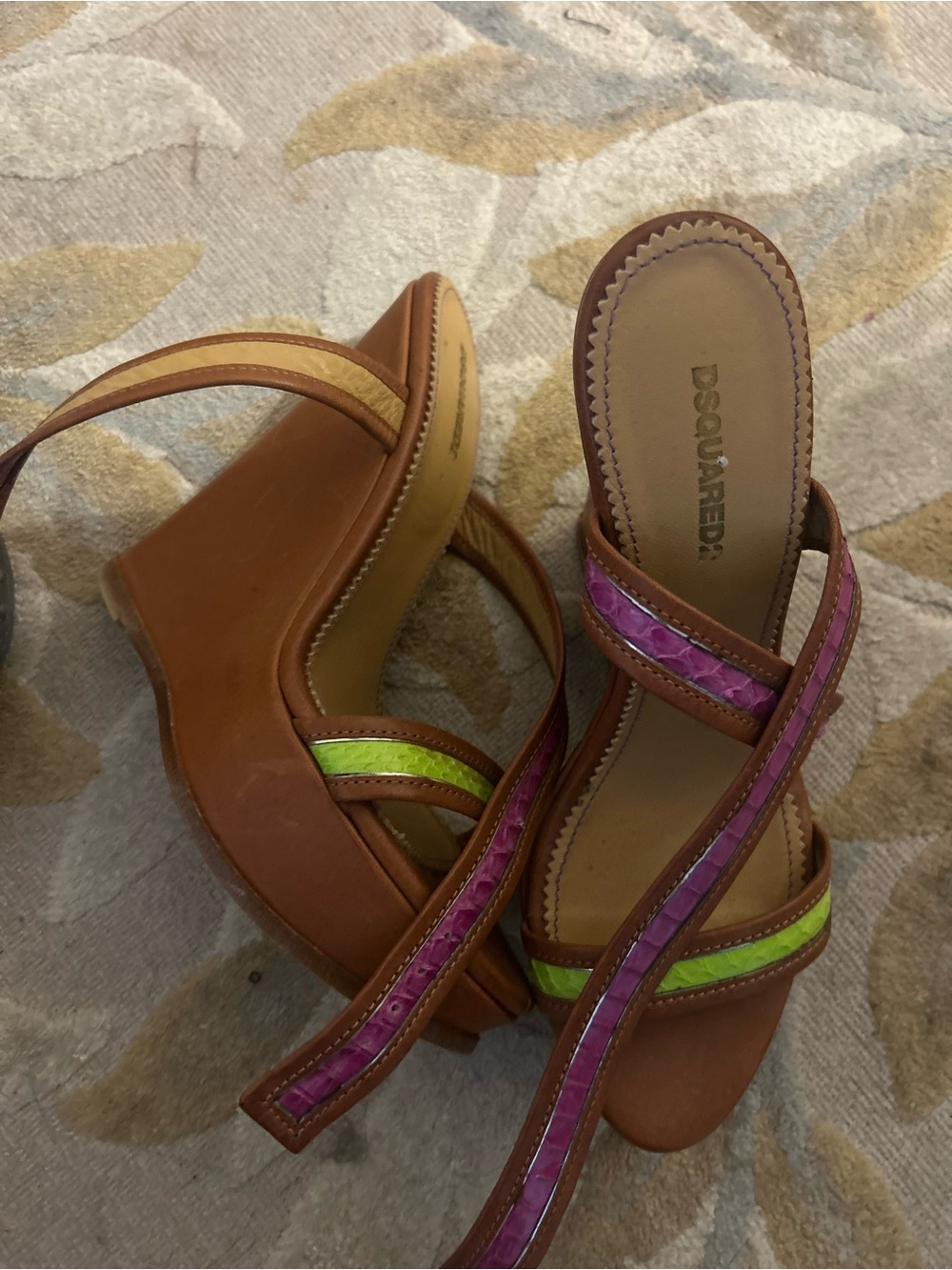DSQUARED2 Brown Wedge Sandals with Pink and Lime Accent Straps